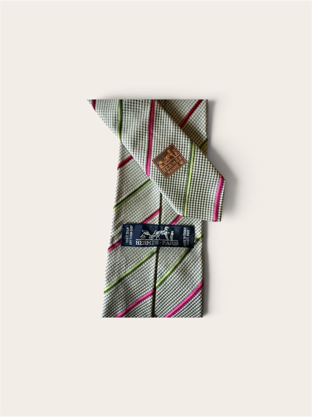 Hermès Silk Diagonal Stripe Tie in Gray with Pink & Green